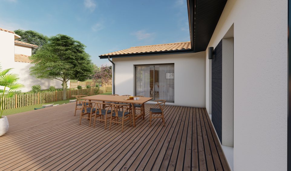 Modèle en L où la création d'un terrasse intimiste apporte du caratère