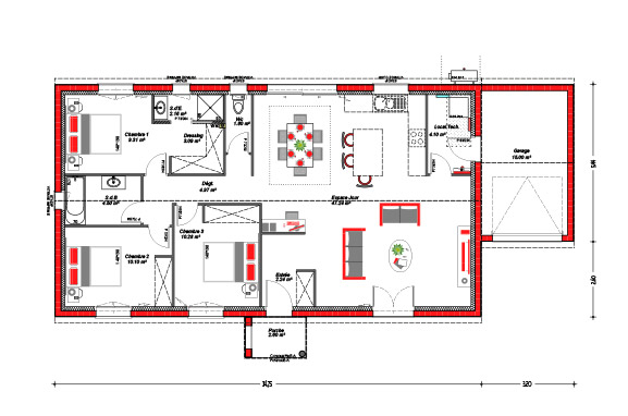 100m² - 2 ch + suite parentale + gge + porche