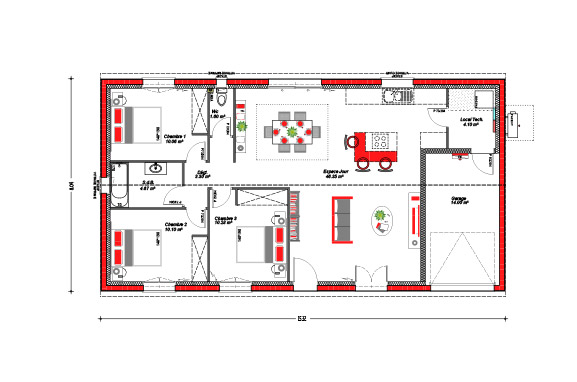 90m² - 3 ch + gge intégré