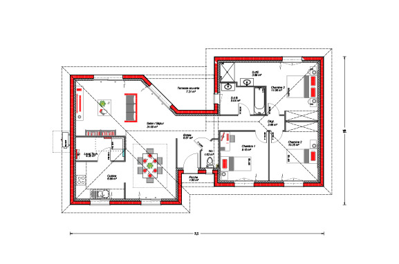 93 m² - 2 ch + suite parentale