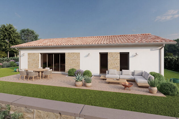 Plan maison rectangle Alpha constructions, 100m2 2 chambres.