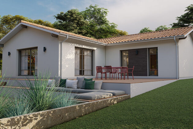 Plan maison en L Alpha constructions, 90m2 3 chambres.